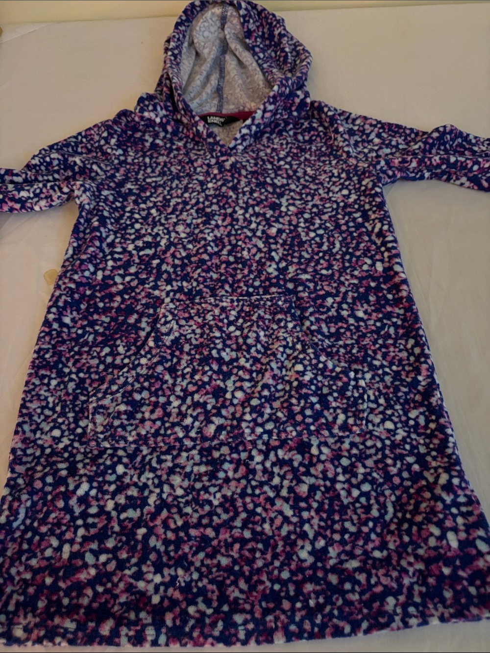 Lands' End Girls' Plush Hooded Tunic in Navy, Pink & White